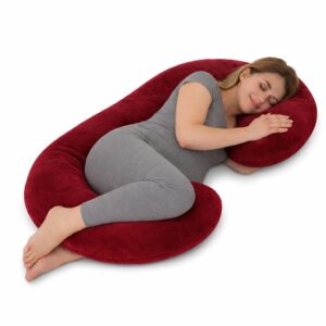 Goldenhub C-Shaped Pregnancy Pillow for Maternity & Baby Nursing |for Spine, Hand and Back Support| Washable, Premium Velvet Outer Cover with Zip and Cotton Inner cover- Red